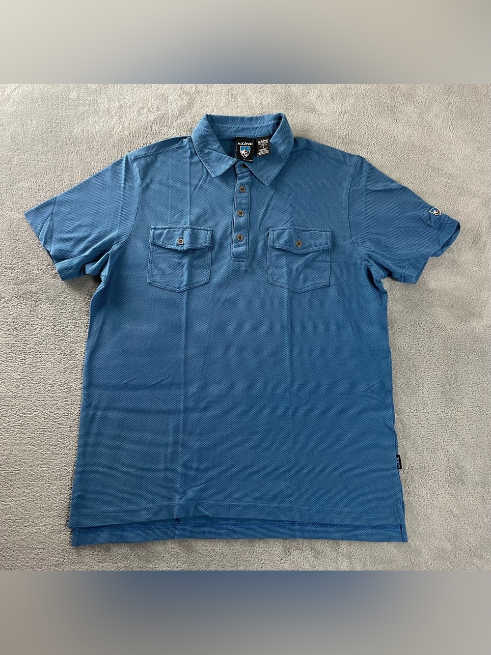 Kuhl Polo Shirt Mens Small Blue Short Sleeve Outdoors Hiking •tiny hole• pockets